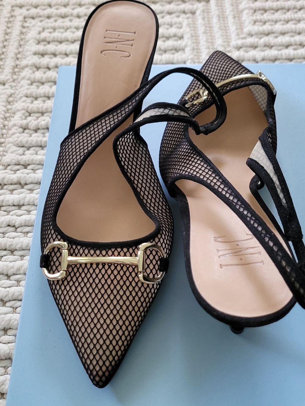 INC Women's Black Fishnet Horsebit Carynn Pointed-toe Slip-on Slingback Heels